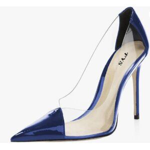 FYS Dark Blue Clear Slip on Pumps High Heel Pointed Toe PVC Patchwork Shoes